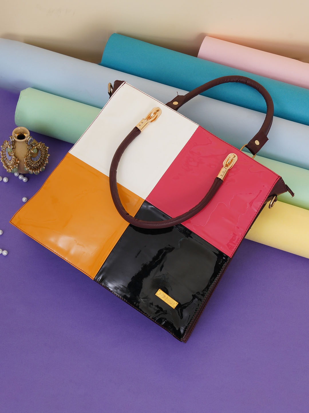 

FABBHUE Brown Colourblocked PU Structured Handheld Bag