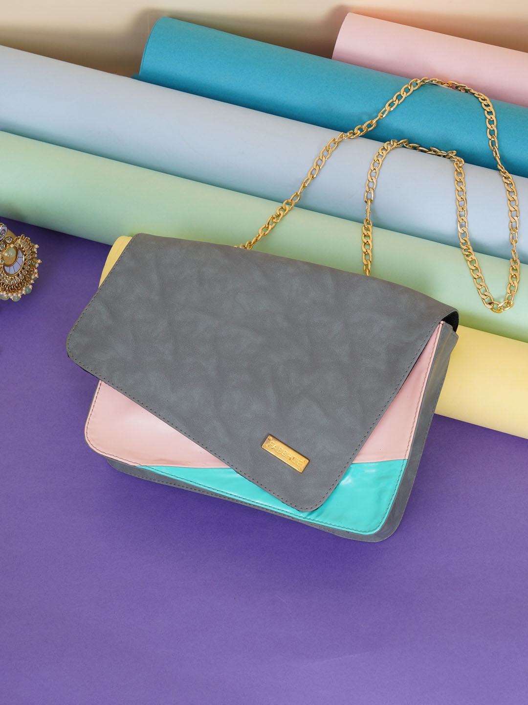 

FABBHUE Grey Colourblocked Structured Sling Bag