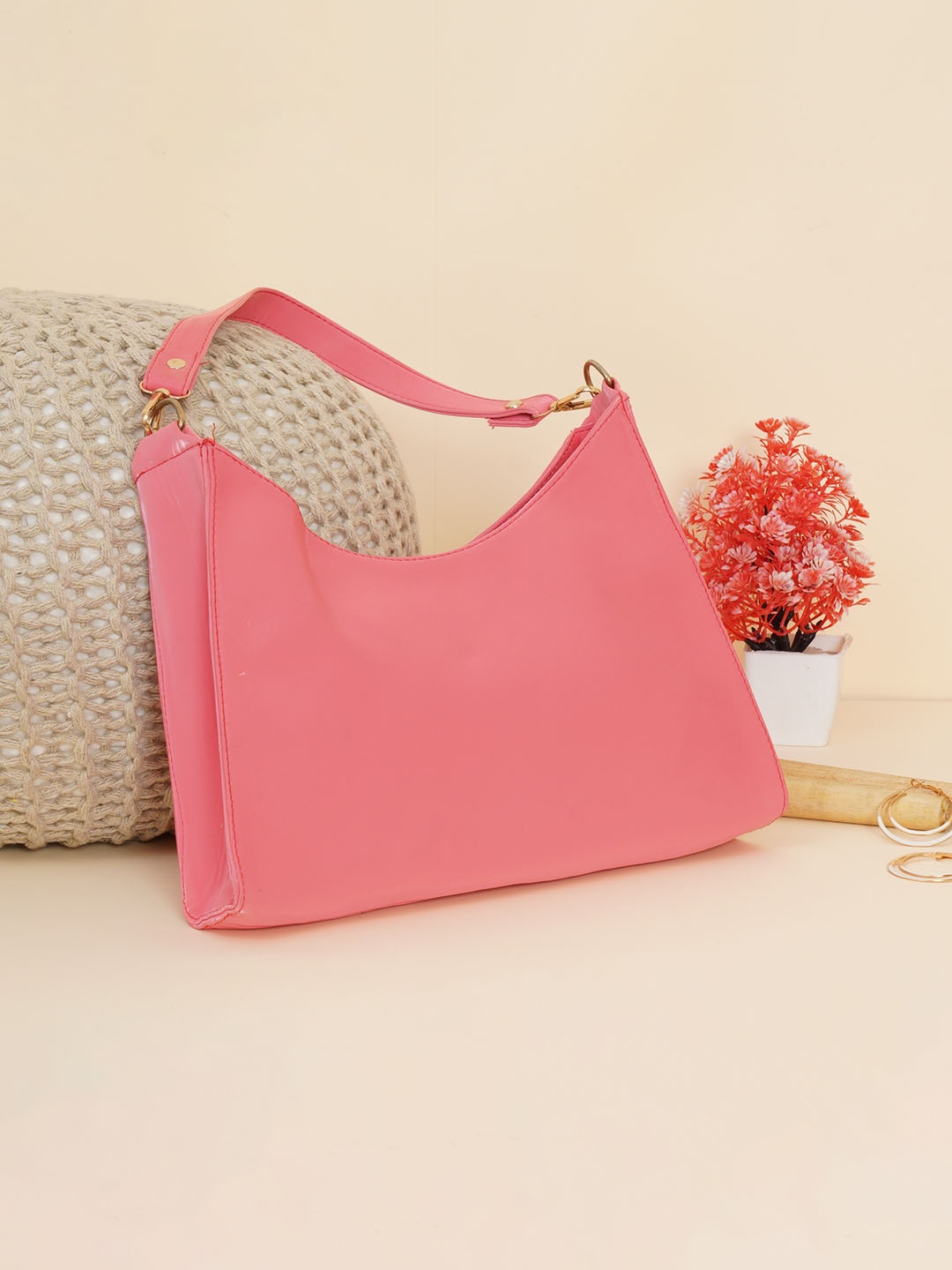 

FABBHUE Pink Textured Structured Handheld Bag