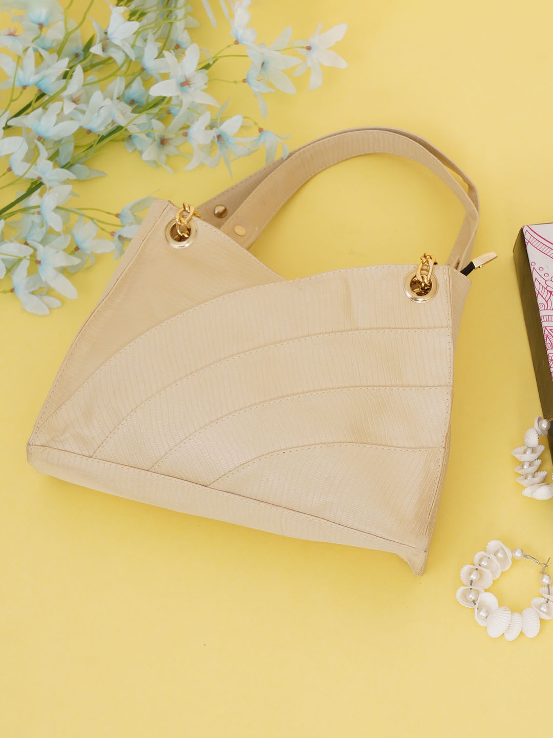 

FABBHUE Women Cream-Colored Textured PU Structured Shoulder Bag