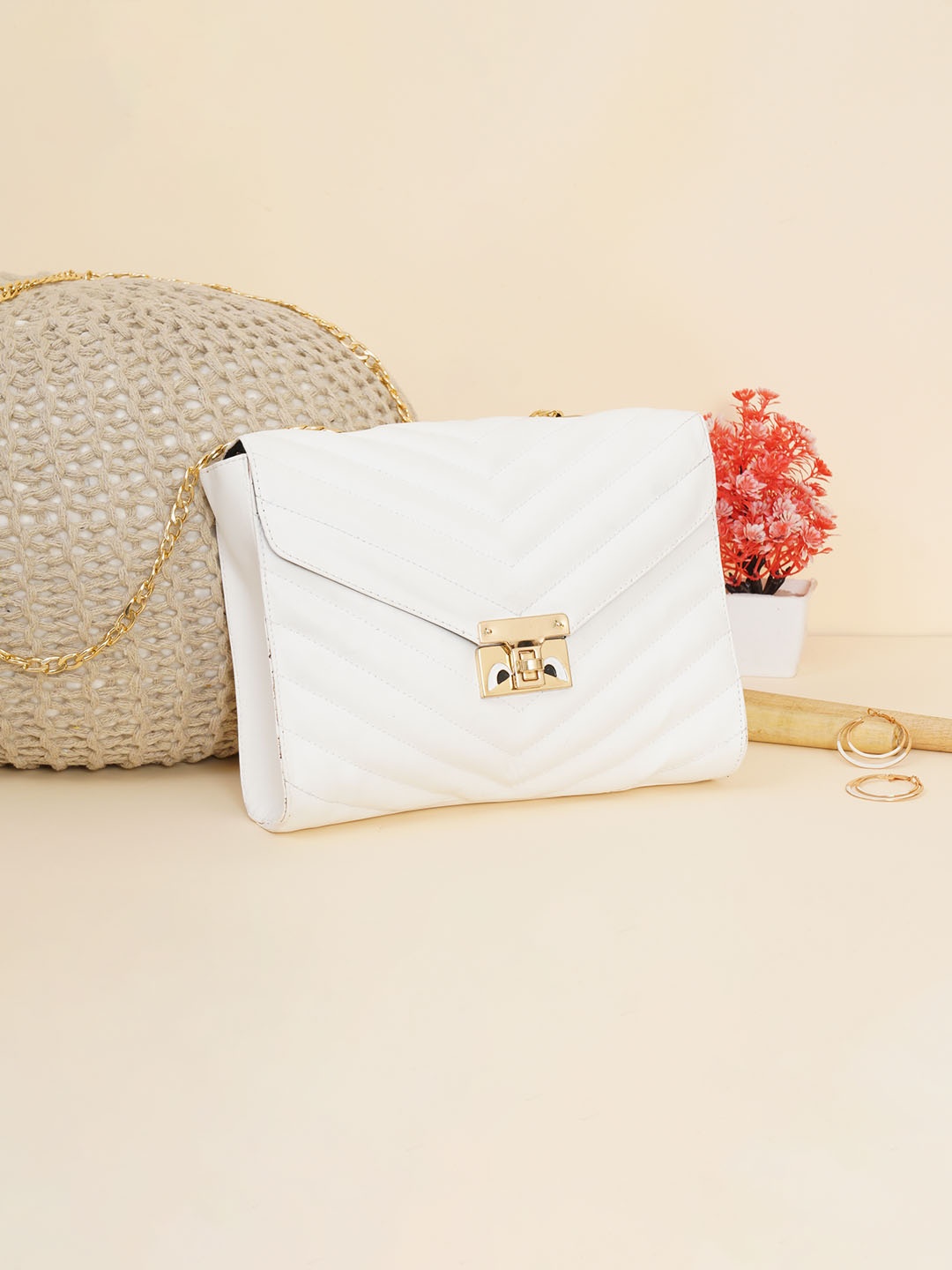 

FABBHUE White PU Structured Sling Bag with Quilted