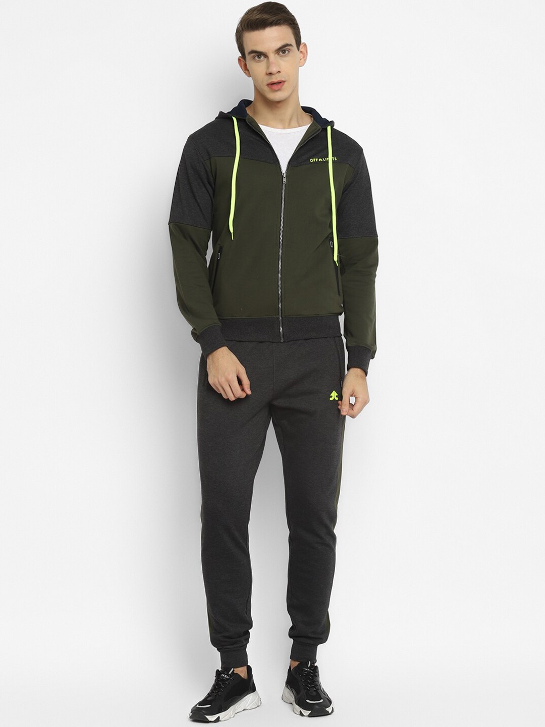 

OFF LIMITS Men Olive Green & Black Solid Tracksuits