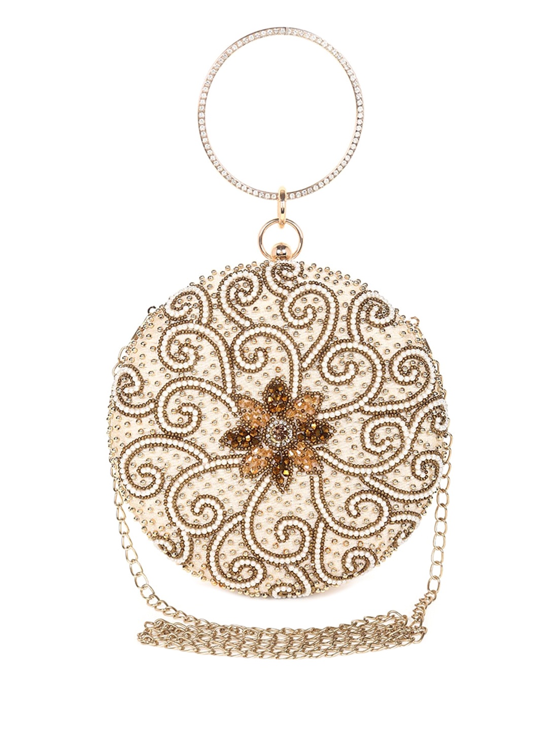 

Swisni Women Embroidered Round Shaped Box Clutch With Wrist Loop, Gold