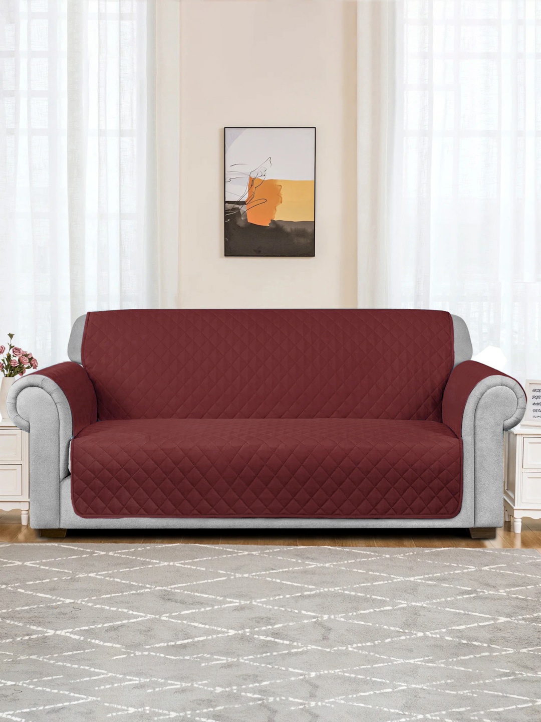 Rajasthan Decor Maroon Solid Quilted 2-Seater Cotton Sofa Cover