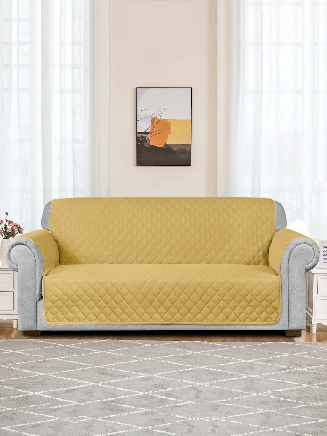 

Rajasthan Decor Light Beige Quilted 2-Seater Cotton Sofa Cover