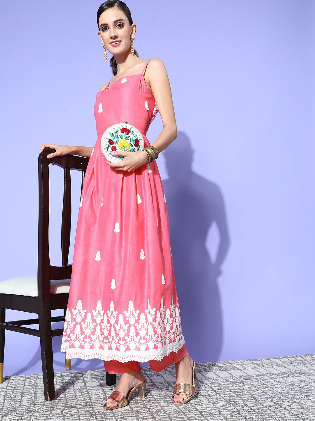 

InWeave Women Ethnic Motifs Pure Cotton Spaghetti Straps Kurta Set, Pink