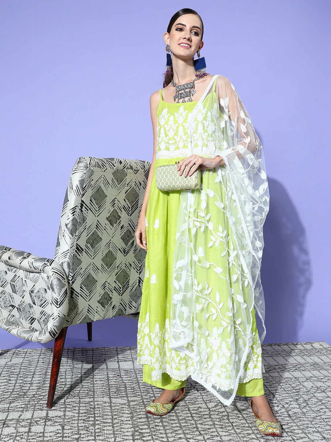 

InWeave Women Ethnic Motifs Pure Cotton Spaghetti Straps Kurta Set, Lime green