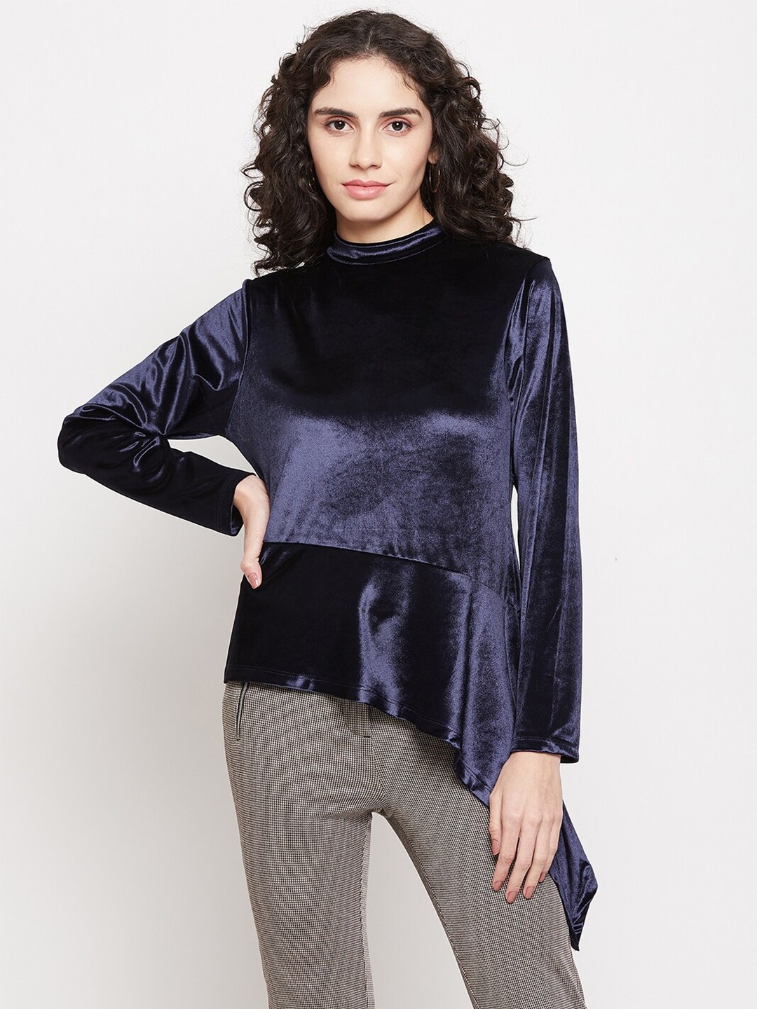 

CAMLA Navy Blue Solid Asymmetry Hem Velvet Top