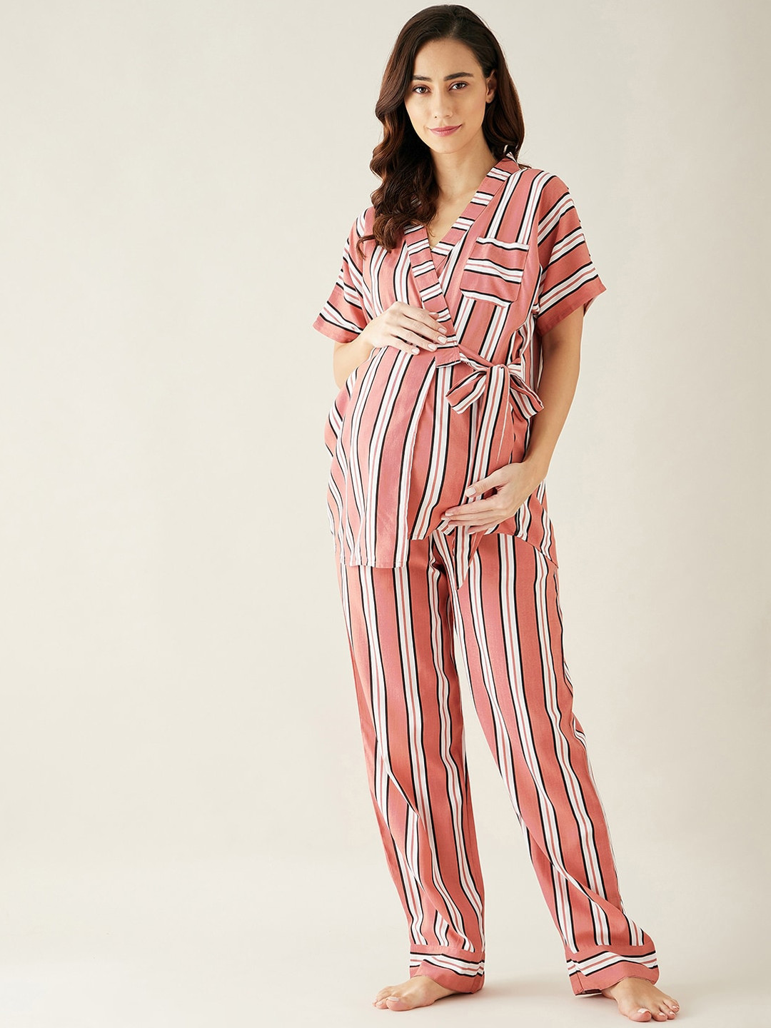 

The Kaftan Company Women Rust-Red & White Striped Maternity Night Suit