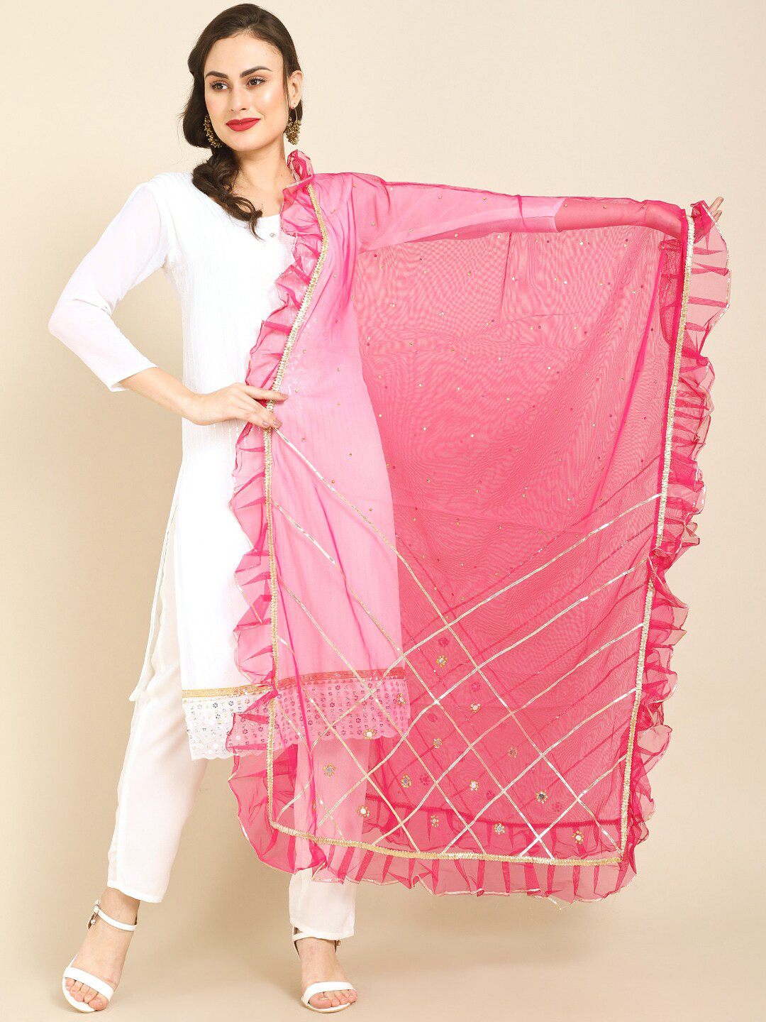 

Miaz Lifestyle Women Magenta & Gold Embellished Net Dupatta
