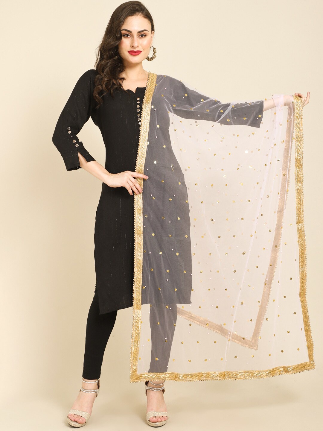 

Miaz Lifestyle White & Gold-Toned Embroidered Dupatta with Beads and Stones