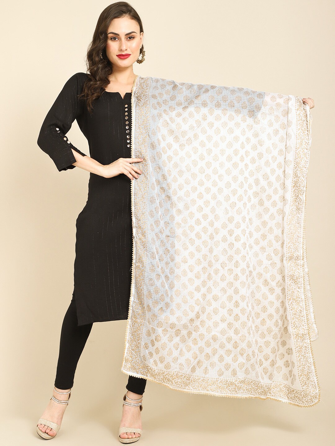 

Miaz Lifestyle White & Gold-Toned Ethnic Motifs Printed Block Print Dupatta