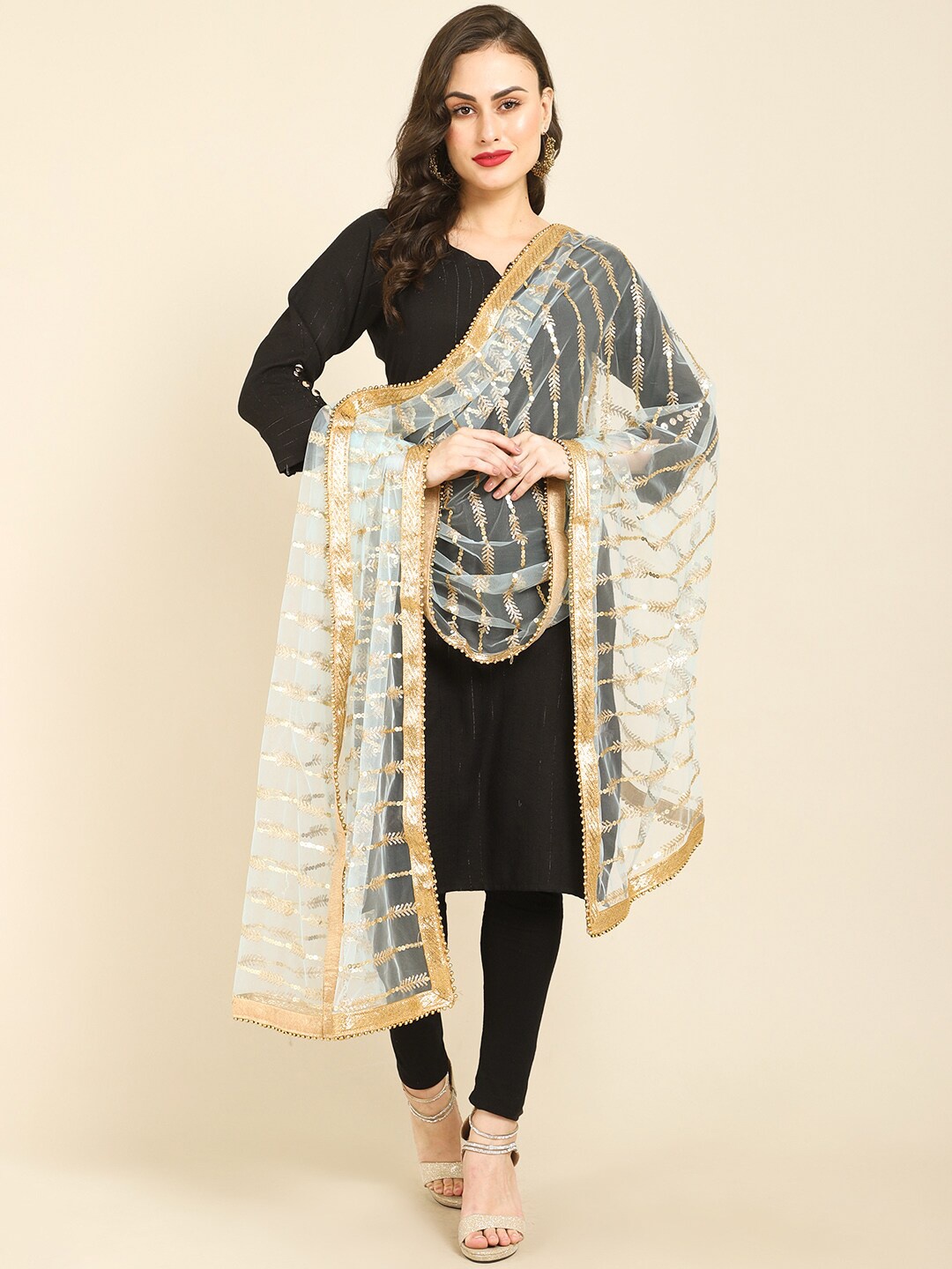 

Miaz Lifestyle Off White & Gold-Toned Sequin Zari Work Embroidered Ombre Dupatta