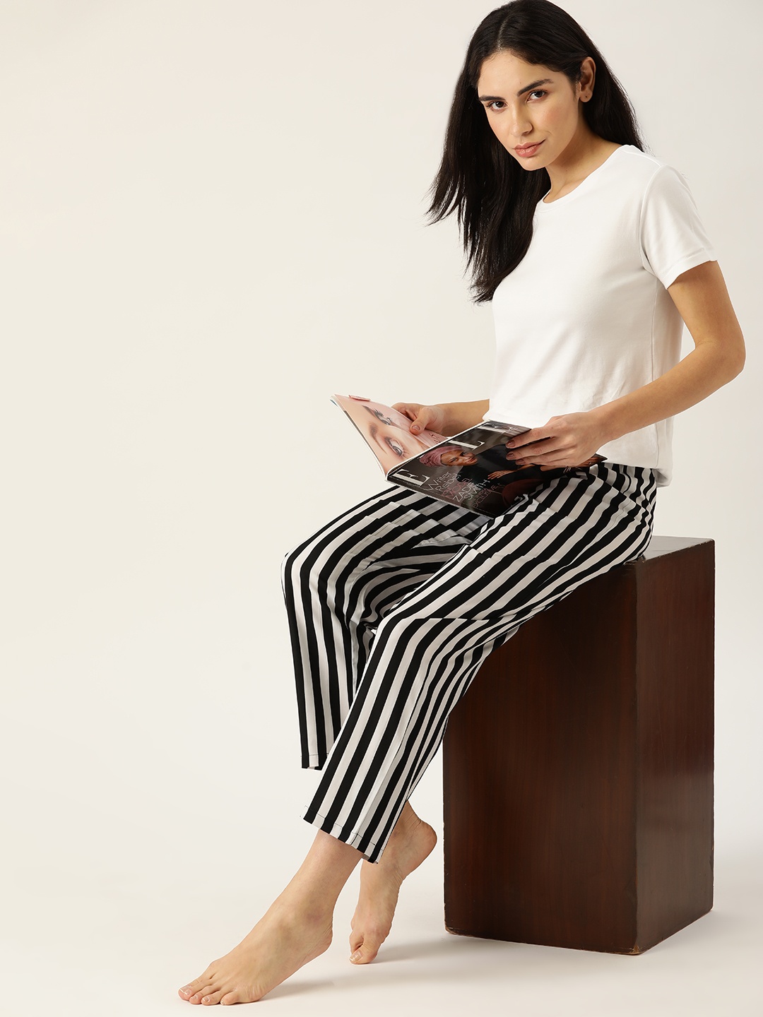 

ETC Women Black & White Striped Cotton Lounge Pants