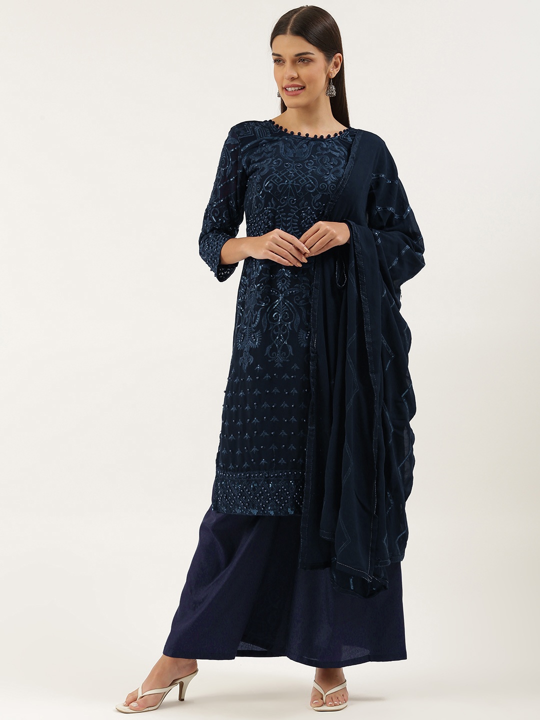 

cbazaar Navy Blue Embroidered Unstitched Dress Material