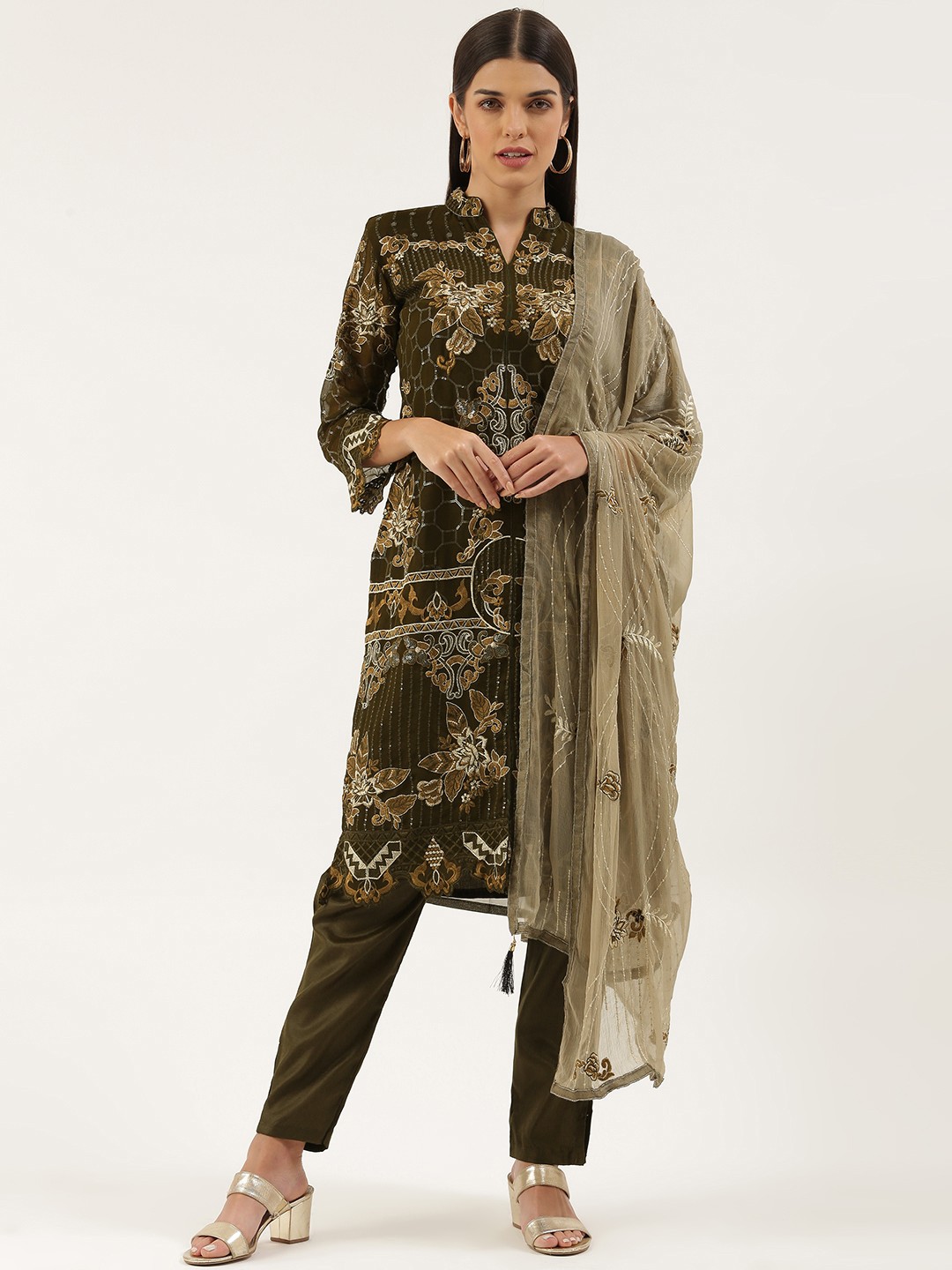 

cbazaar Olive Green & Golden Embellished Unstitched Dress Material