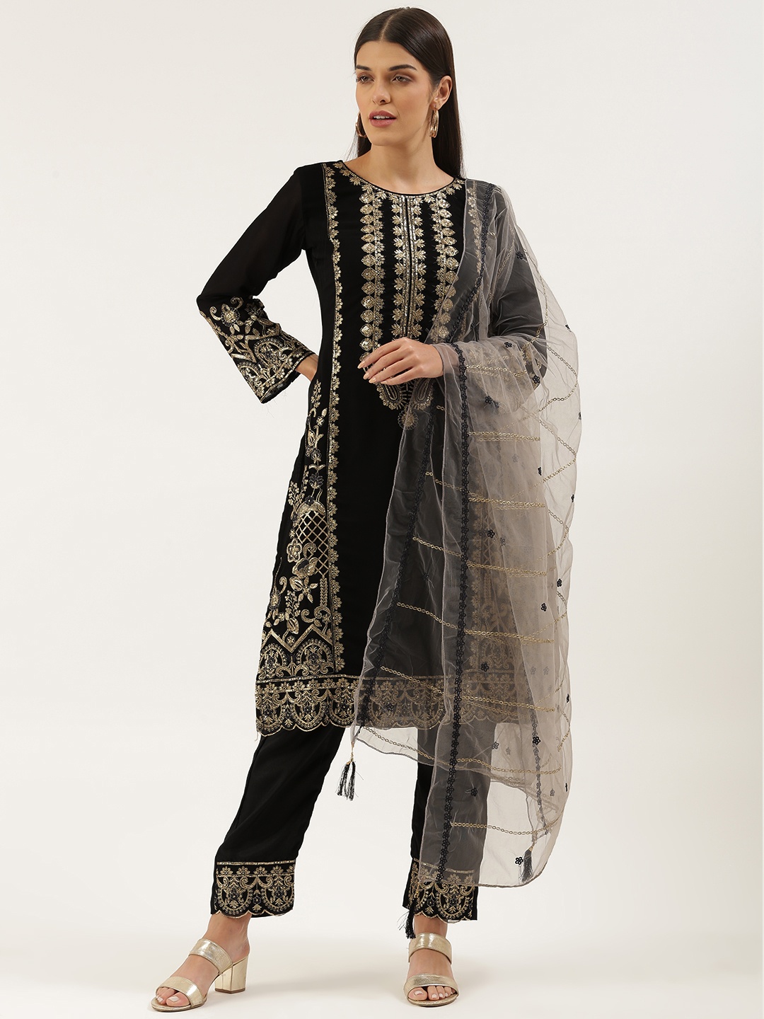 

cbazaar Black Embroidered Sequinned Georgette Unstitched Dress Material