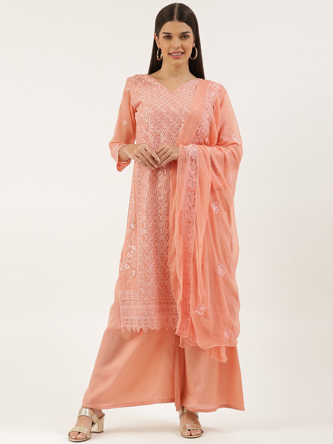 

cbazaar Peach-Coloured Embellished Unstitched Dress Material