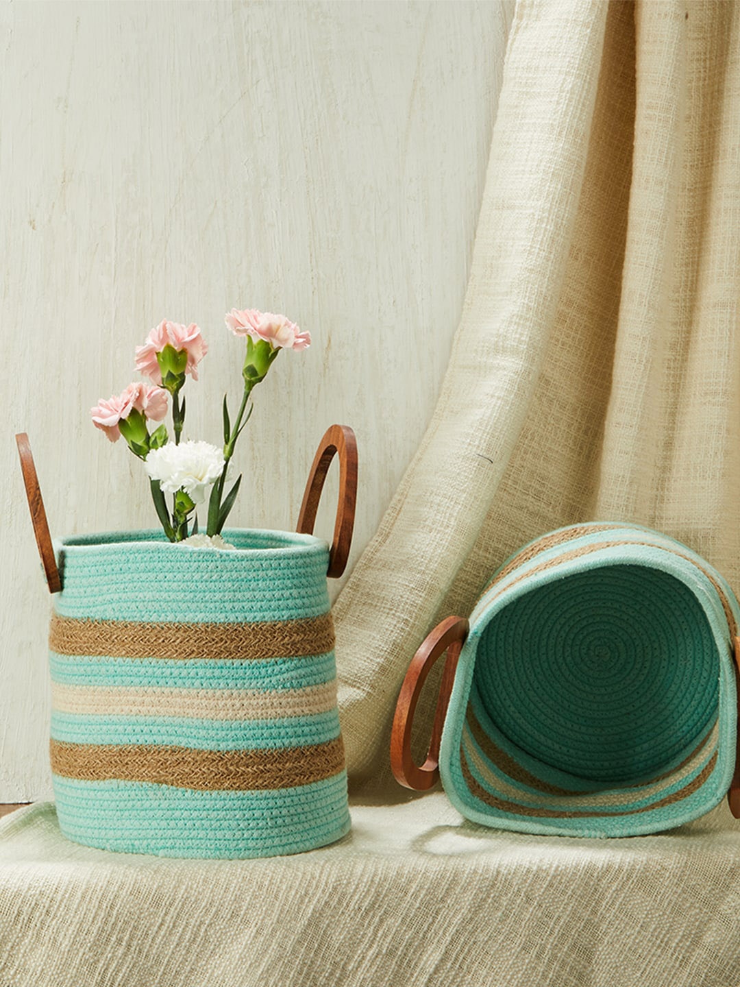 

Fabindia Pack Of 2 Green & Brown Striped Planters With Handles