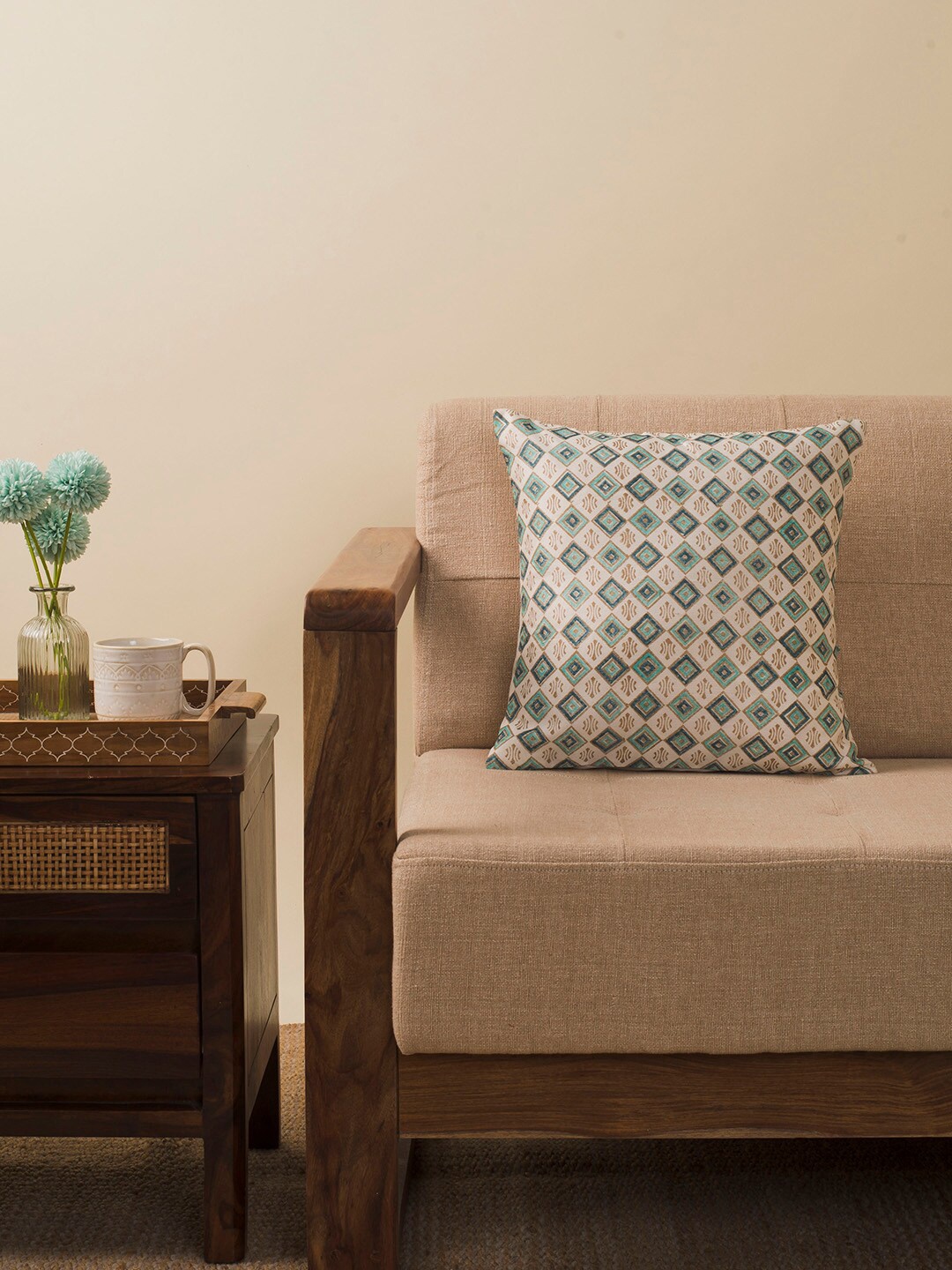 

Fabindia Teal & Off White Geometric Printed Cotton Square Cushion Cover