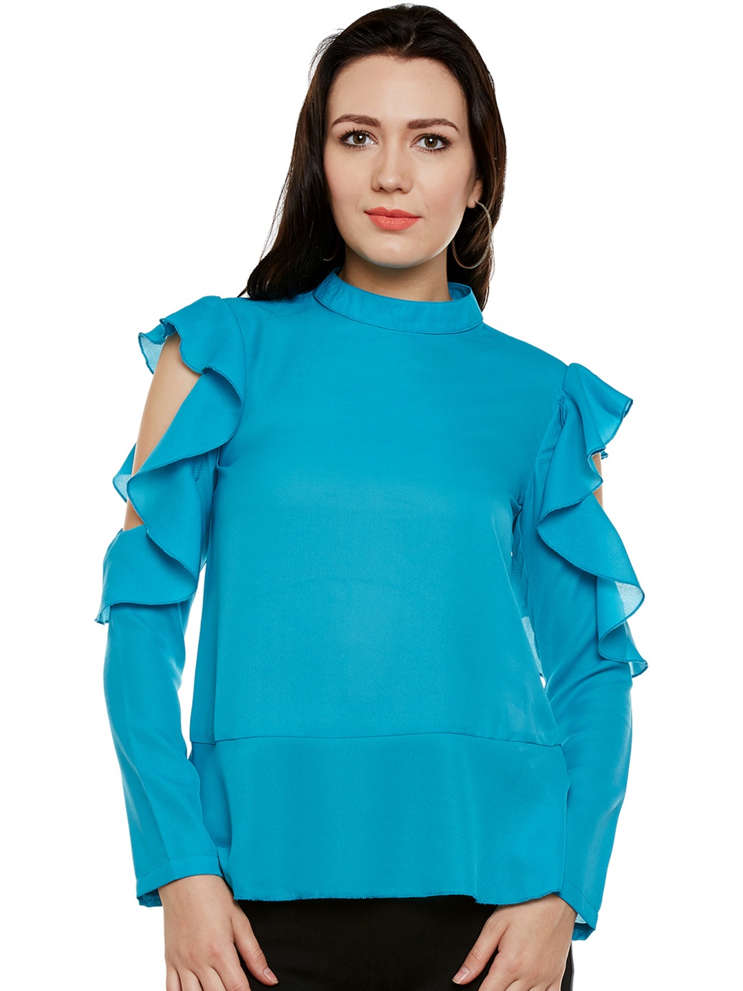 

WISSTLER Women Blue Solid Ruffled Peplum Top