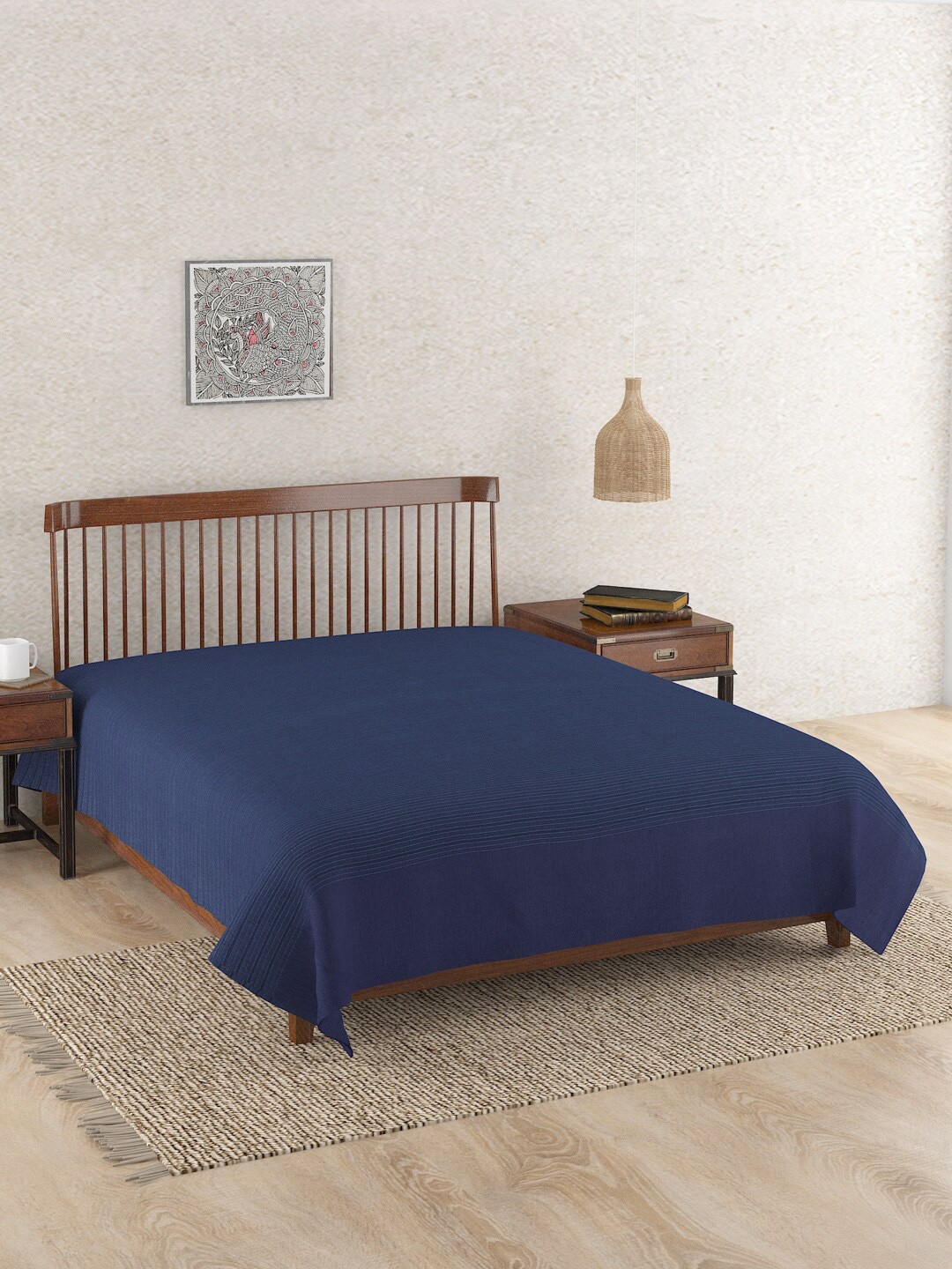 

Fabindia Navy Blue Striped 120 TC Cotton Single Bed Cover
