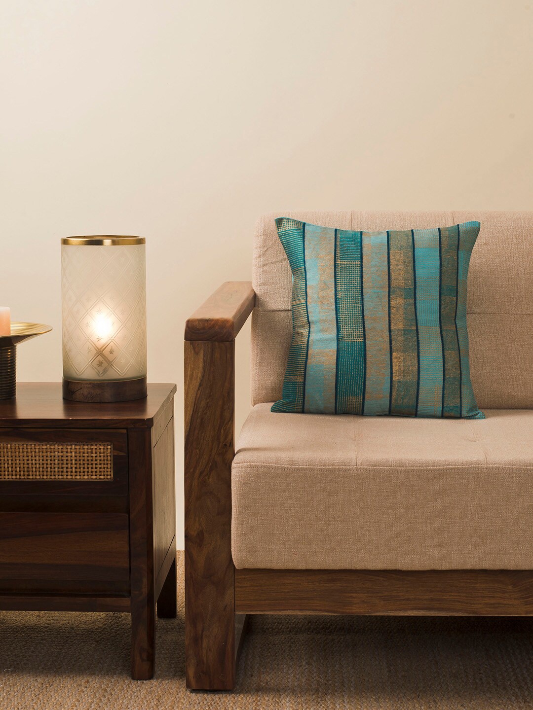 

Fabindia Turquoise Blue & Gold-Toned Striped Square Cushion Covers