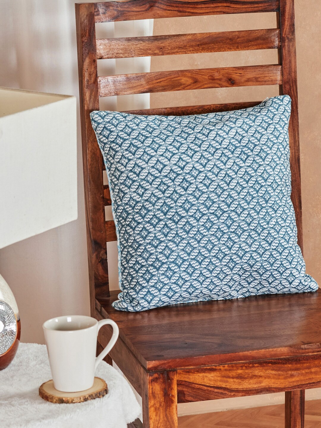 

Fabindia Teal And White Geometric Block Print Cotton Square Cushion Covers