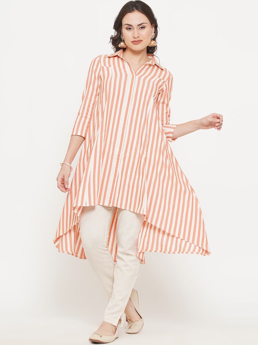 

FABNEST Women Orange Striped Pure Cotton Kurta with Trousers
