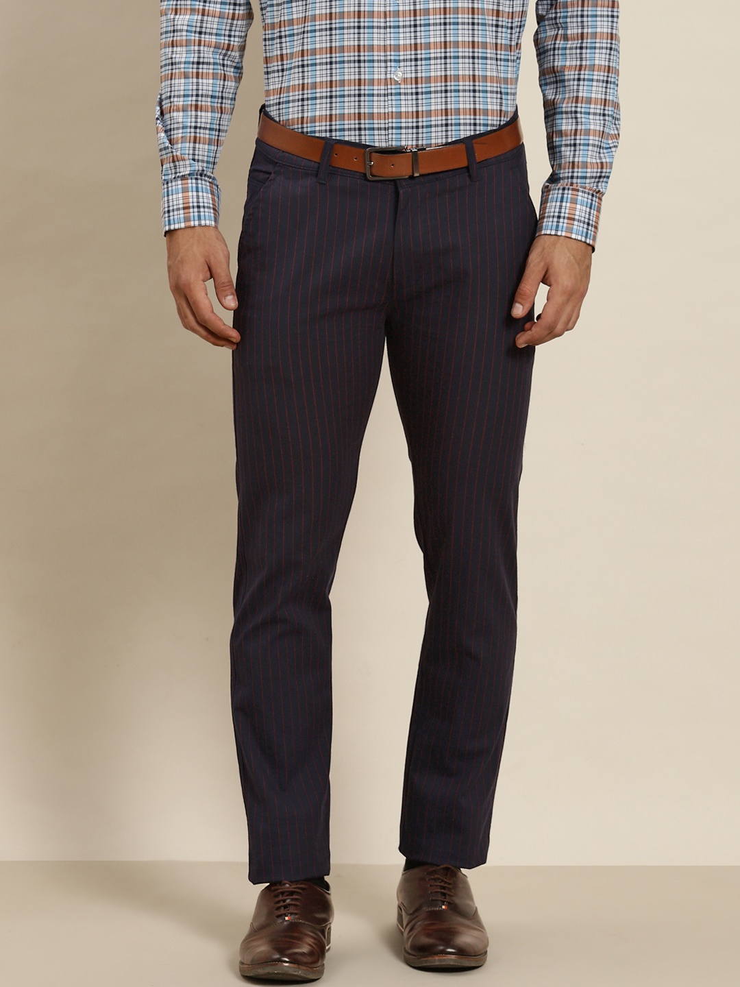 

Hancock Men Navy Blue Striped Slim Fit Pure Cotton Formal Trousers