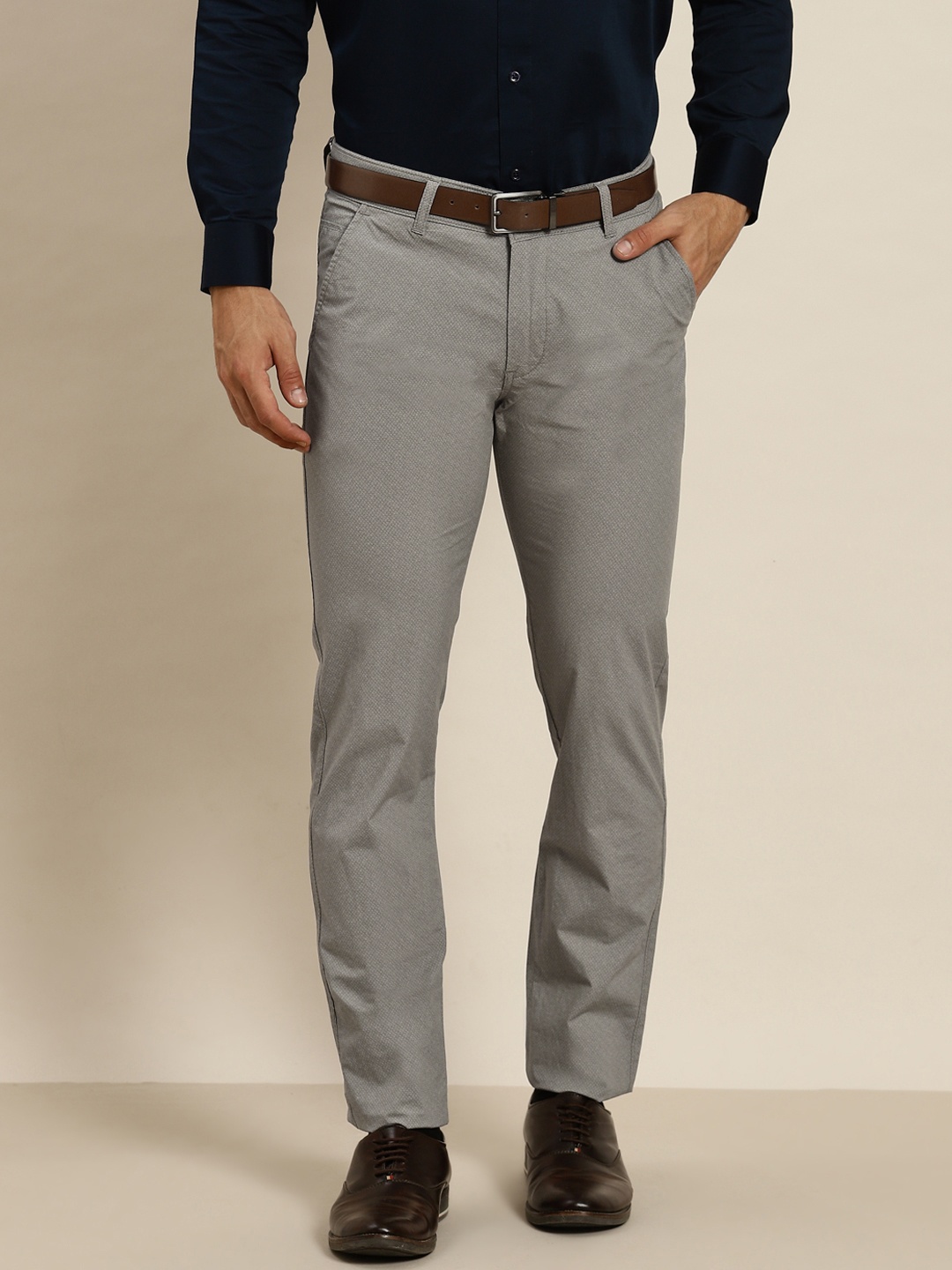 

Hancock Men Grey Self Design Slim Fit Pure Cotton Formal Trousers