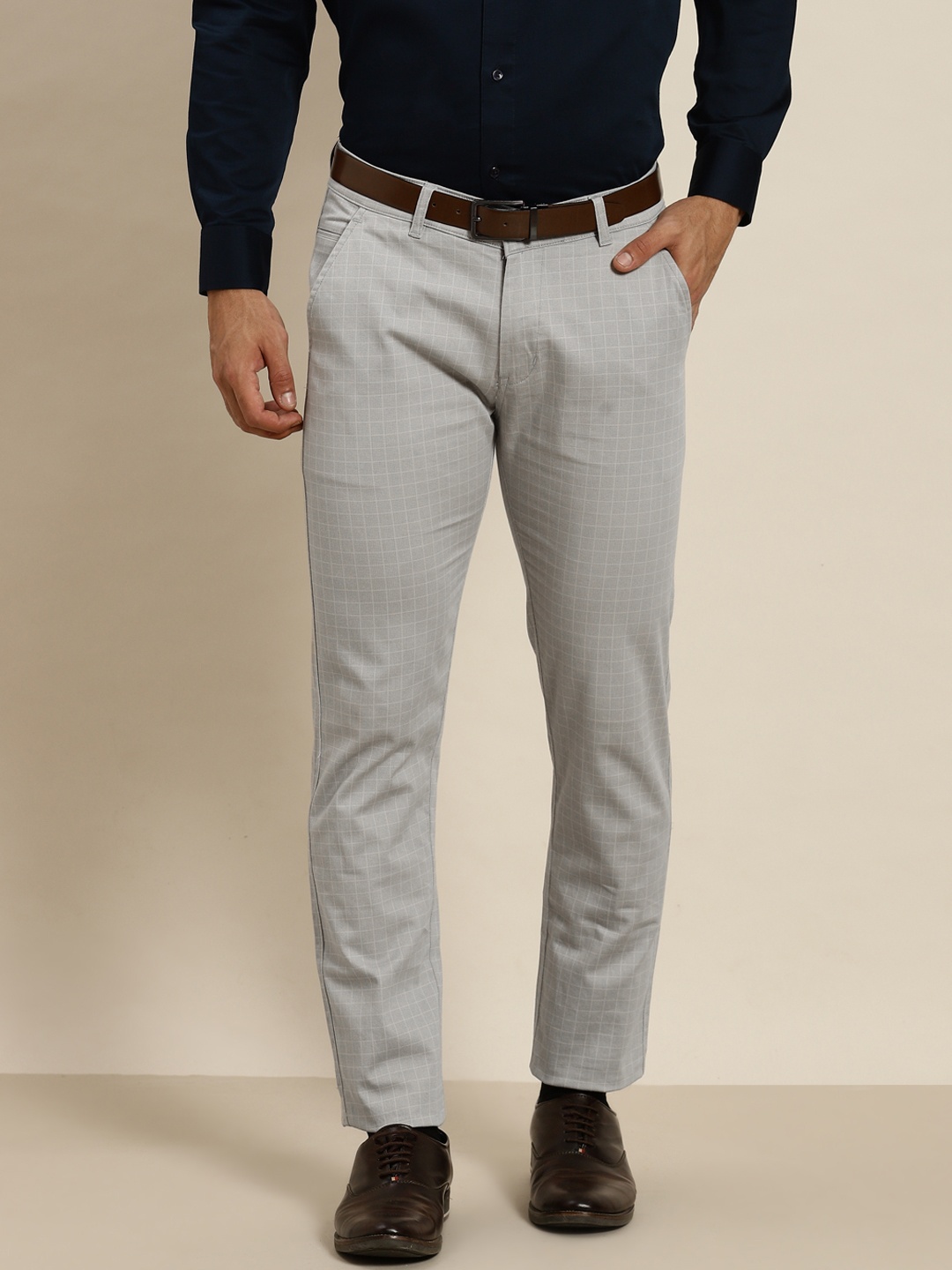 

Hancock Men Grey Checked Slim Fit Cotton Formal Trousers