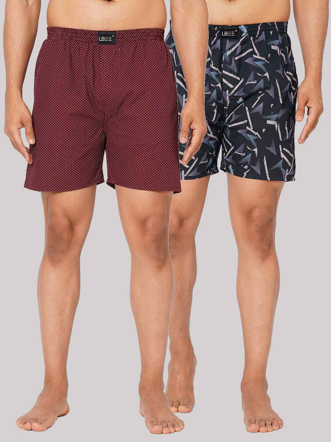 

LBEE Men Pack Of 2 Black And Maroon Printed Cotton Shorts