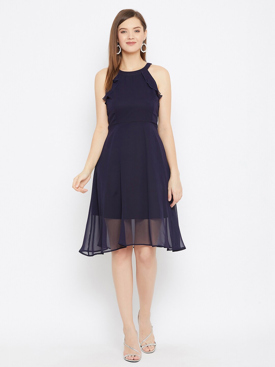 

Color Cocktail Navy Blue Choker Neck Georgette Dress