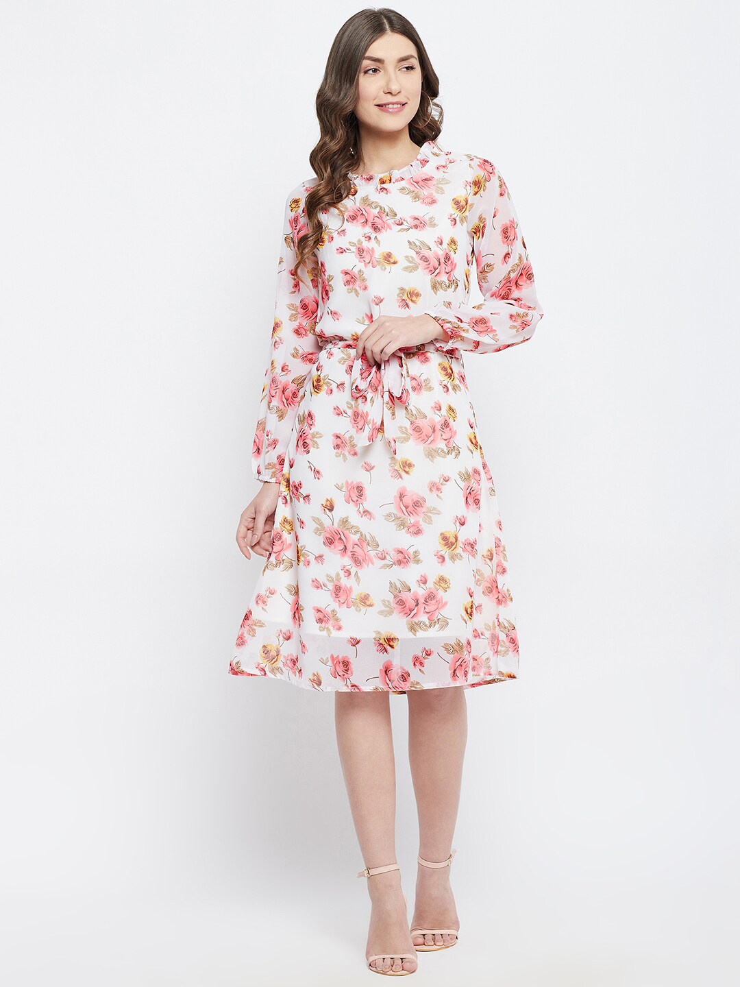 

Color Cocktail White Floral Georgette Blouson Dress