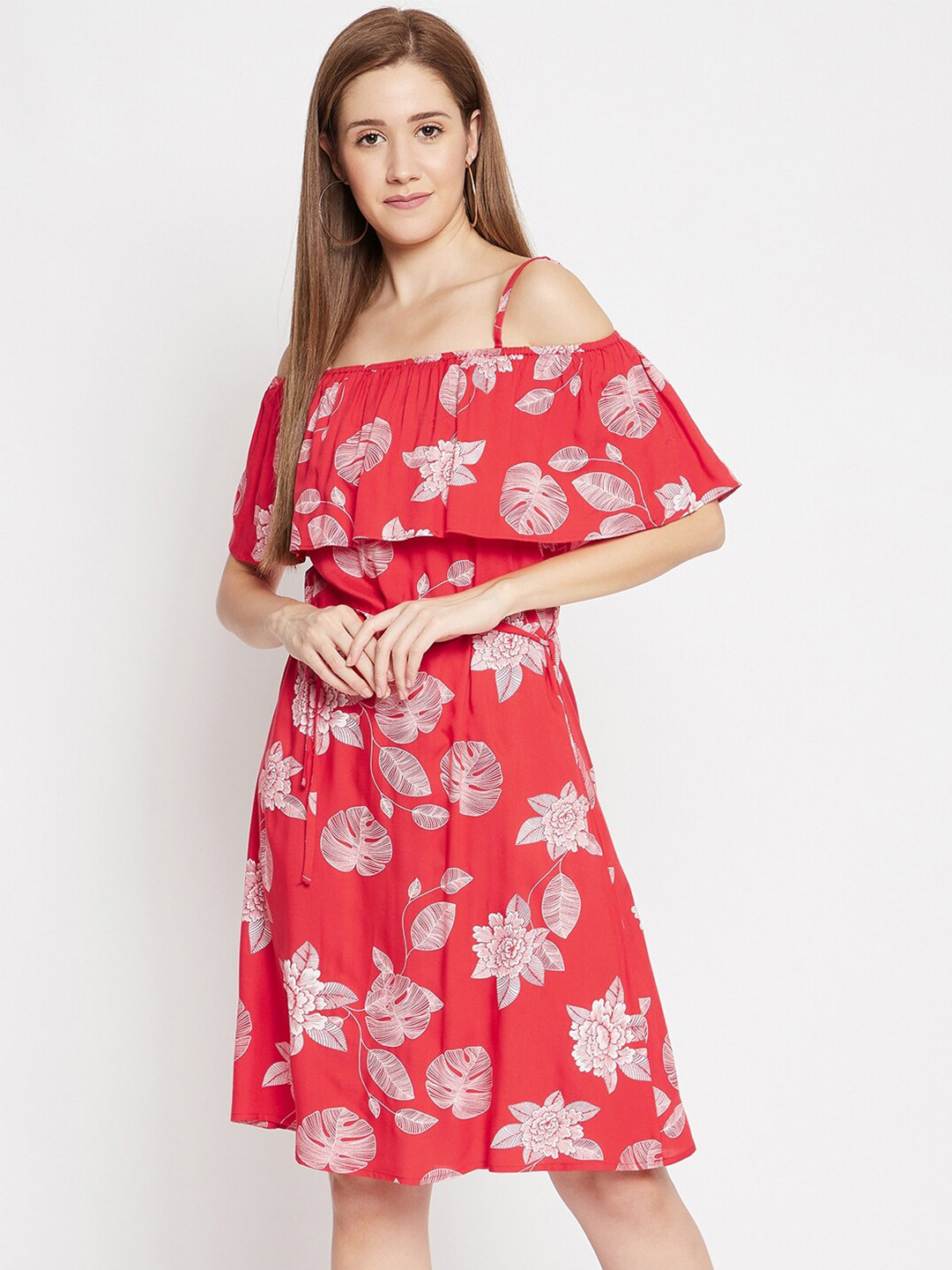 

Color Cocktail Women Red Floral Printed Shoulder Straps Viscose Rayon Dress