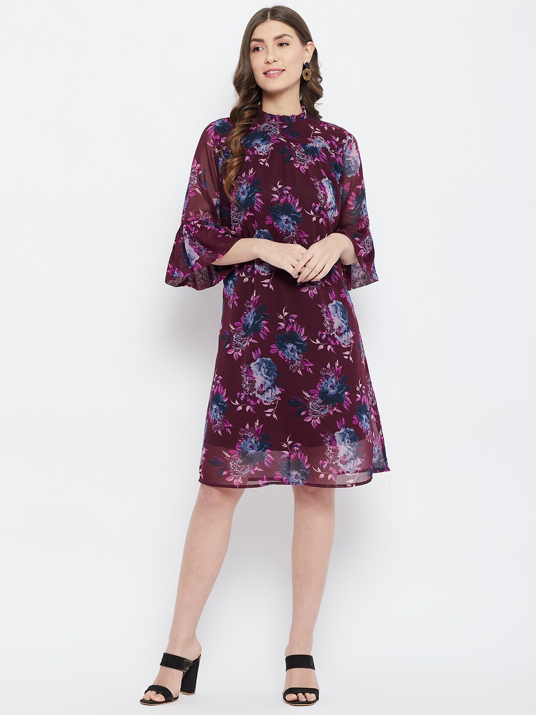 

Color Cocktail Maroon Floral Georgette A-Line Dress