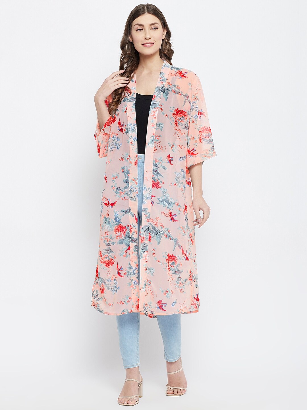 

Color Cocktail Women Pink & Red Floral Printed Longline Shrug