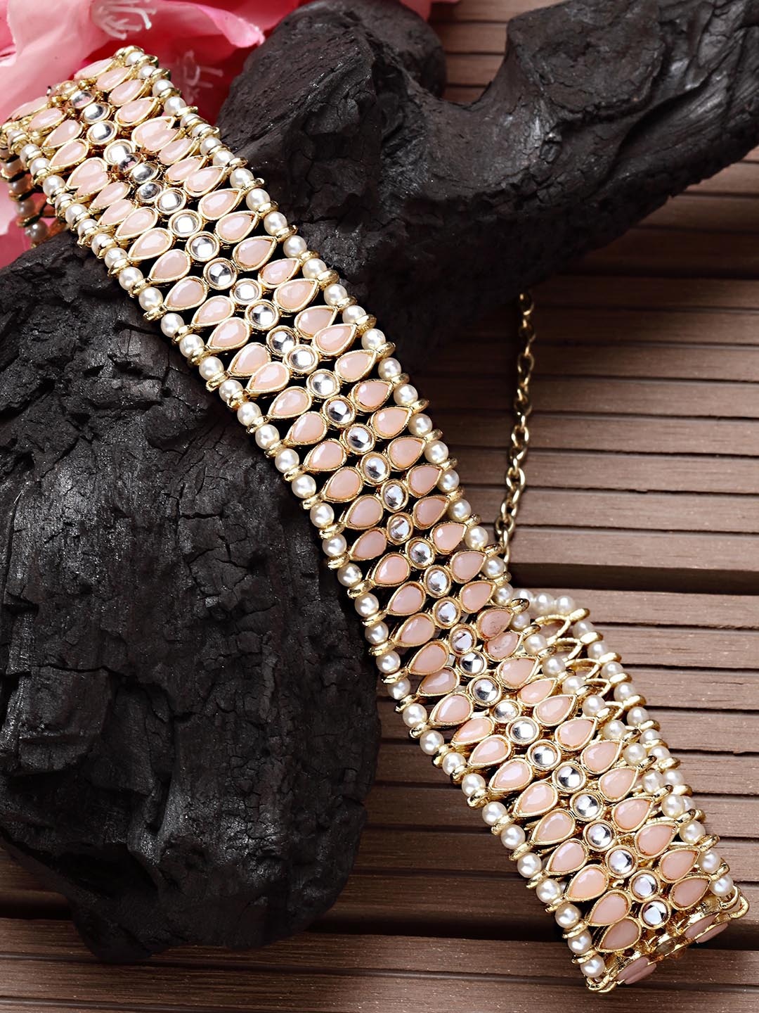 

KARATCART Gold-Plated Peach Pearls Studded & Beaded Waist Chain