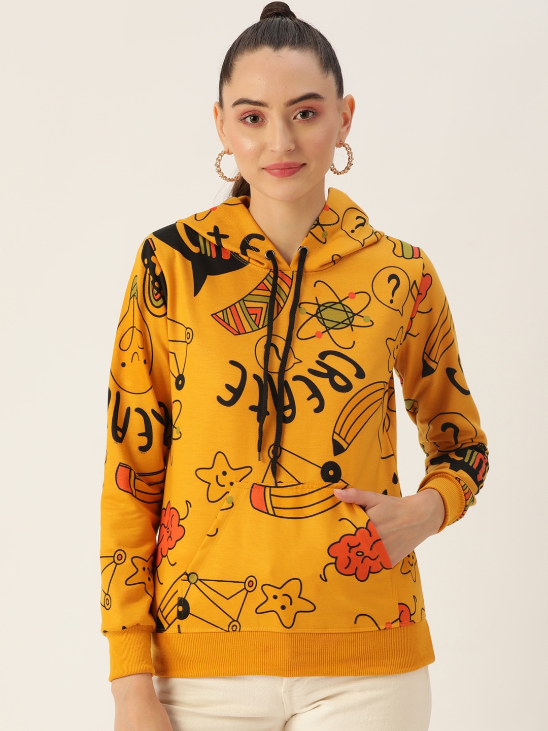 

Kushi Flyer Women Mustard Printed Hooded Sweatshirt