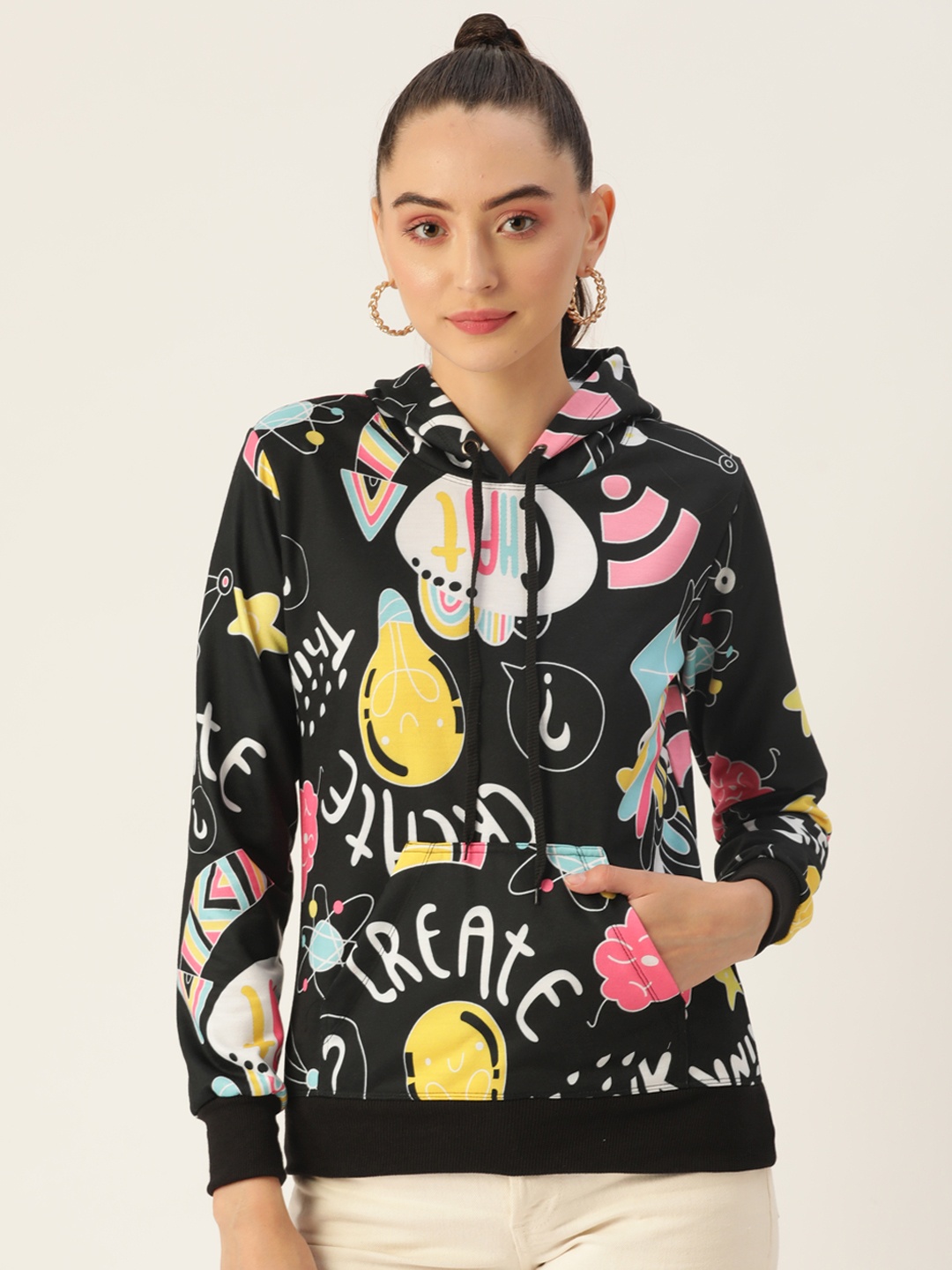 

Kushi Flyer Women Black Printed Hooded Sweatshirt