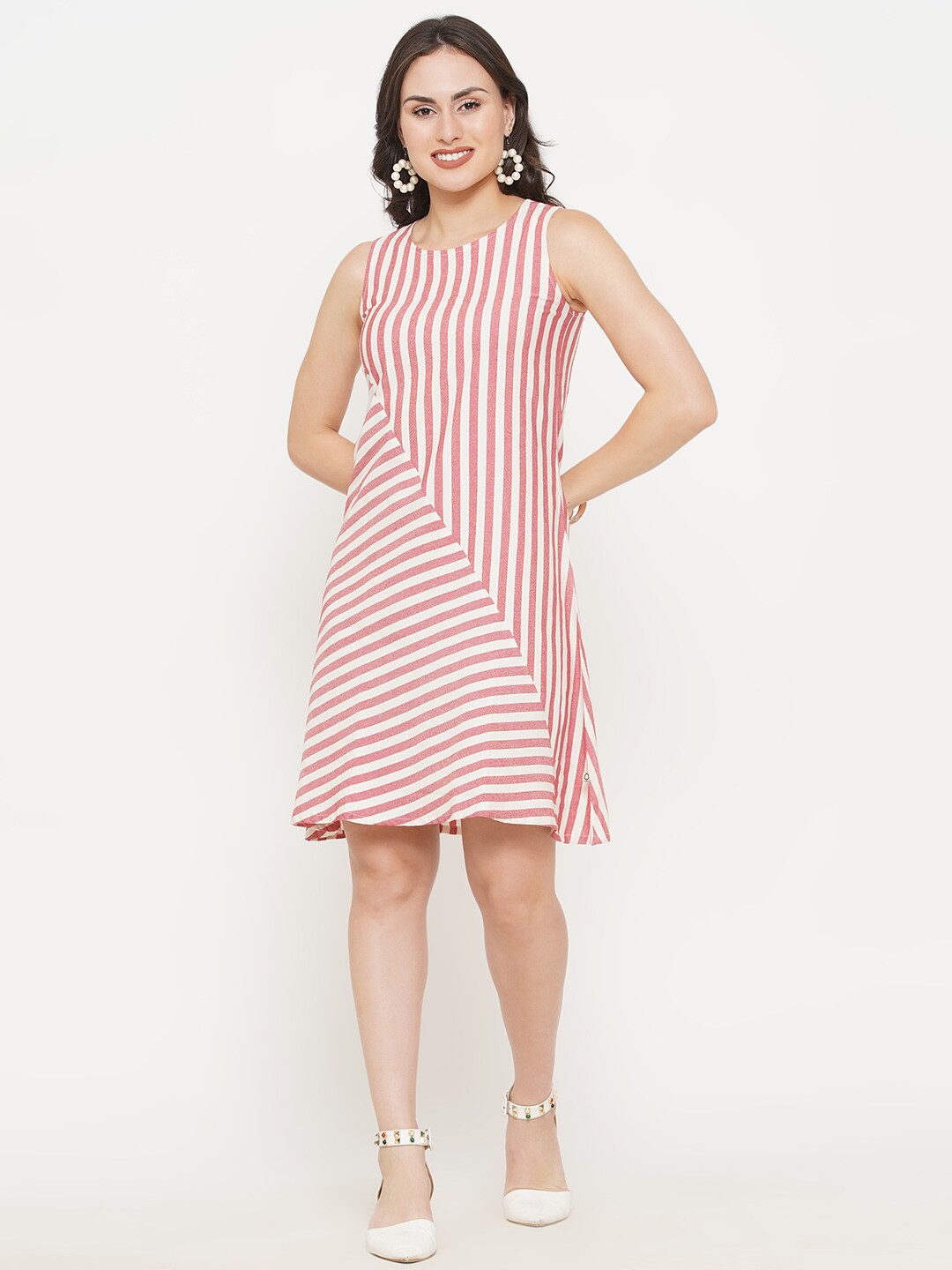 

FABNEST Women Red & White Striped A-Line Dress