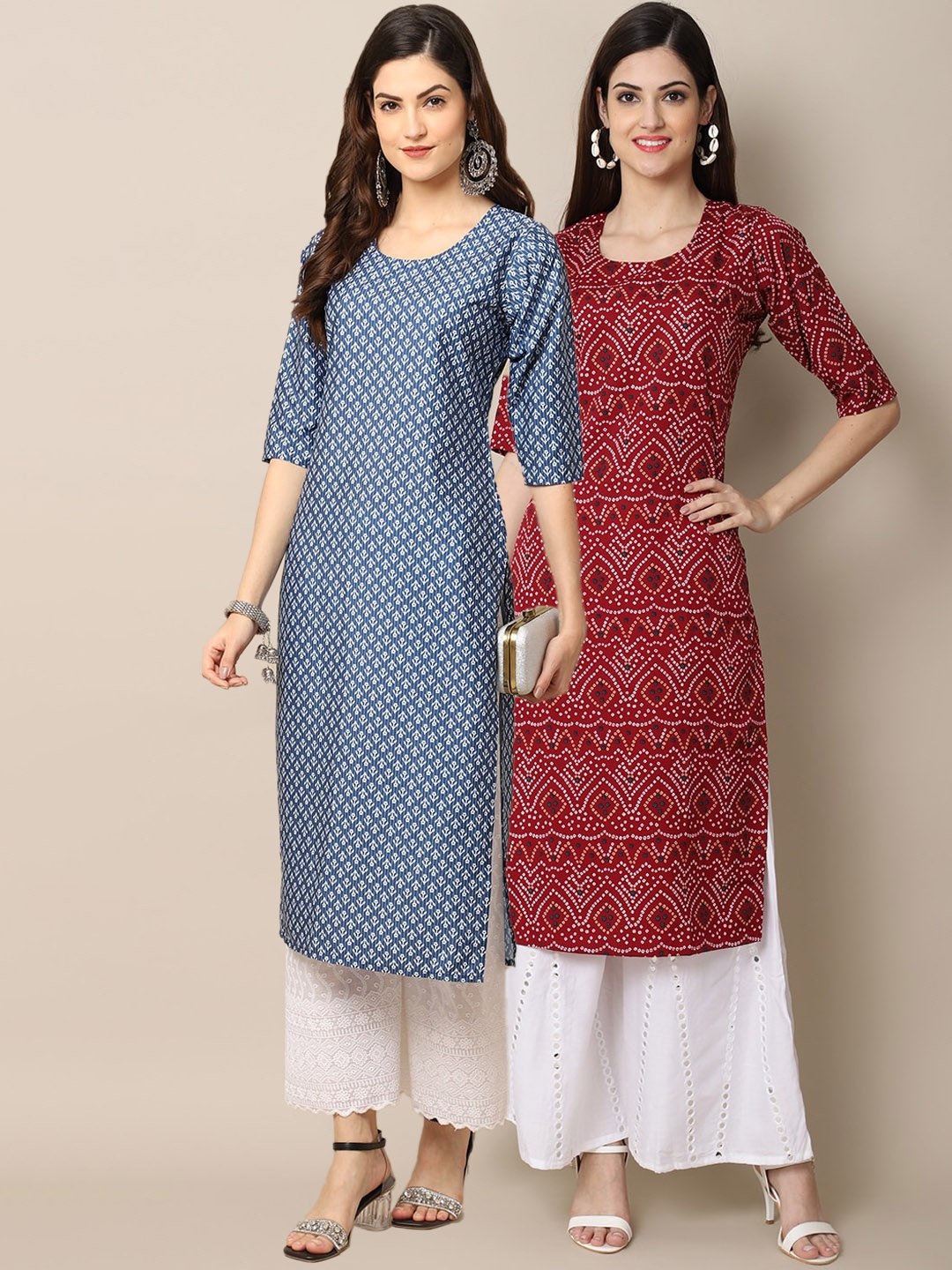 

7Threads PACK OF 2 PACK OF 2 Ethnic Motifs Printed Block Print Handloom Crepe Kurta, Blue