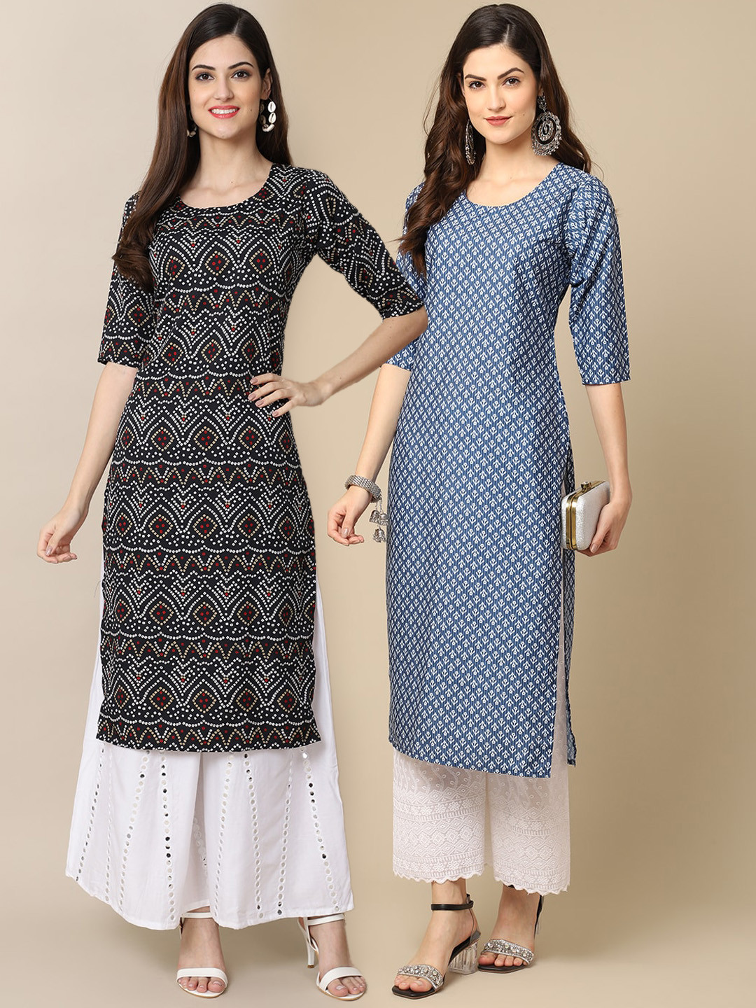 

7Threads Women Multicoloured Pack Of 2 Ethnic Motifs Printed Block Print Crepe Kurta, Multi