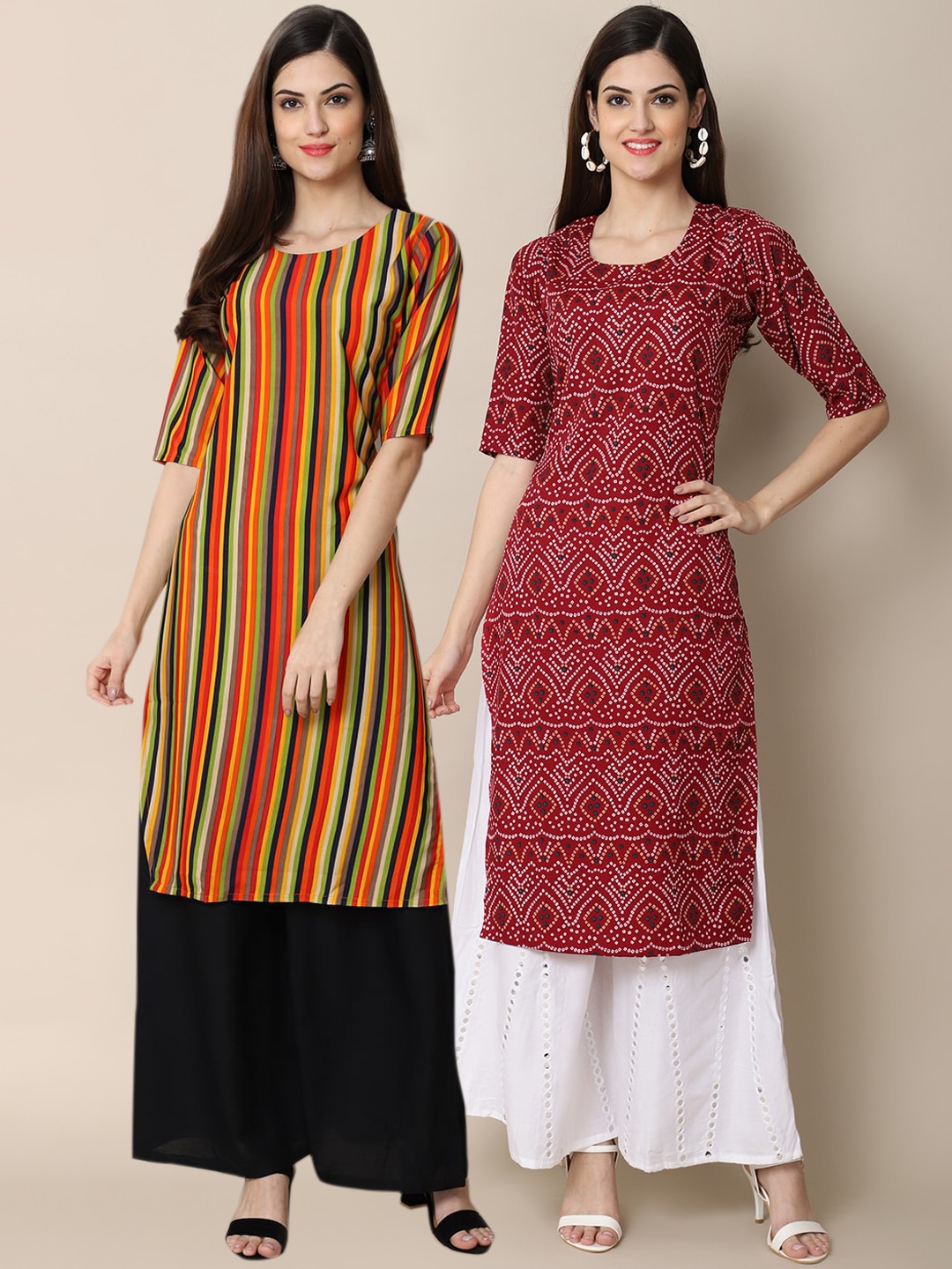 

7Threads Women Set Of 2 Orange & Maroon Printed Crepe Kurta