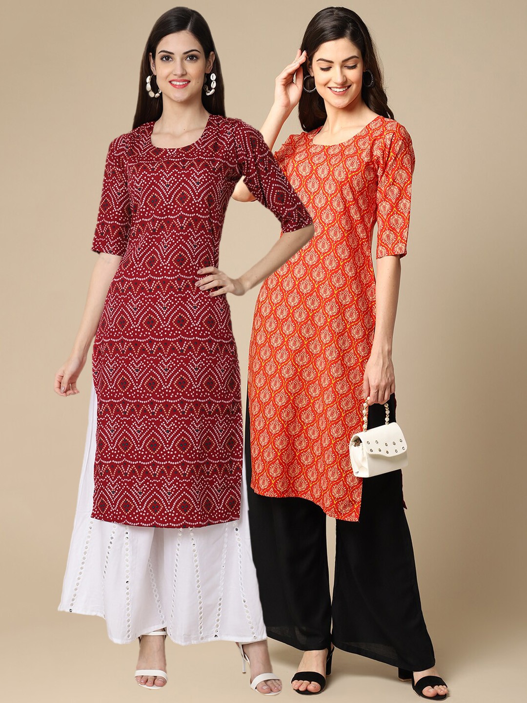 

7Threads Women Pack Of 2 Red & Orange Ethnic Motifs Printed Crepe Kurta