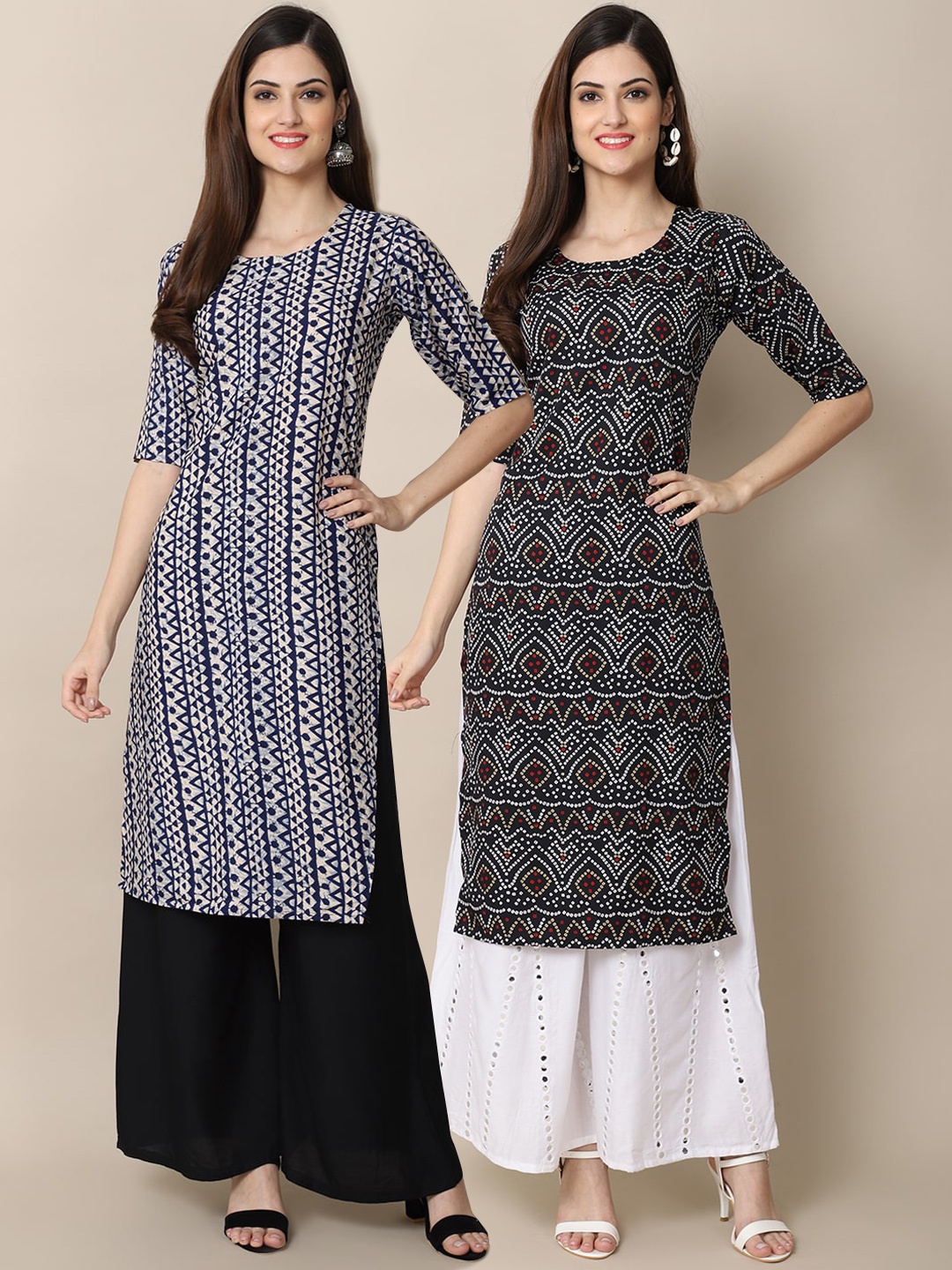 

7Threads Women Black & Grey Ethnic Motifs Printed Crepe Pack of 2 Kurta