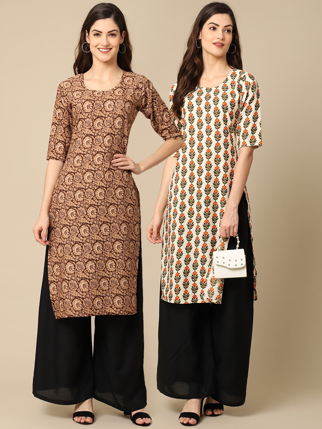 

7Threads Women Pack Of 2 Off White & Brown Ethnic Motifs Printed Block Print Crepe Kurta