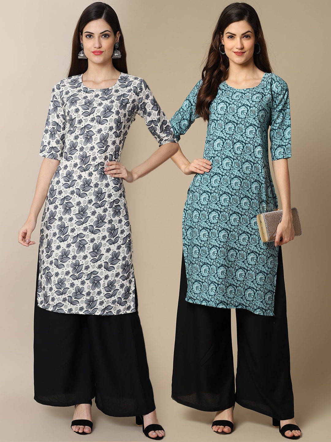 

7Threads Women Pack Of 2 Blue & White Ethnic Motifs Printed Block Print Crepe Kurta