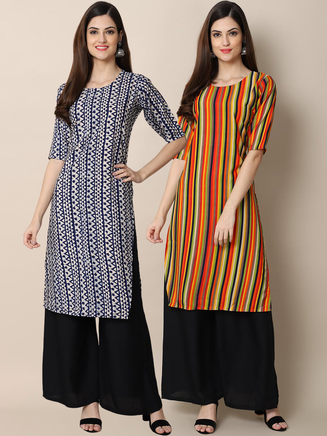 

7Threads Women Pack Of 2 Black & Red Geometric Printed Crepe Kurta